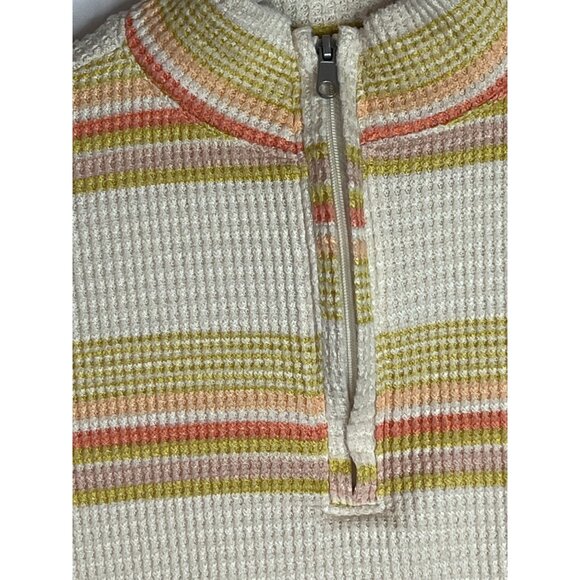SO Top Womens Small Shirt Waffle Knit Fall Mock Neck Zip Tan Orange Striped - Picture 4 of 14